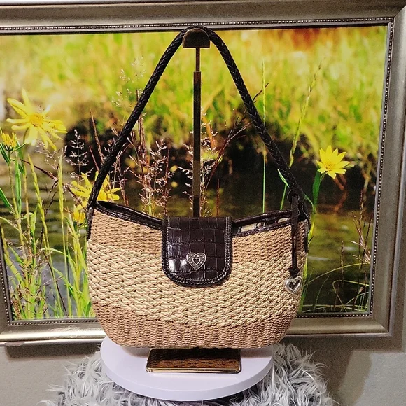 Brighton Woven Straw & Brown Leather Shoulder Bag w/ Heart Charm + Dust Bag - Picture 12 of 12